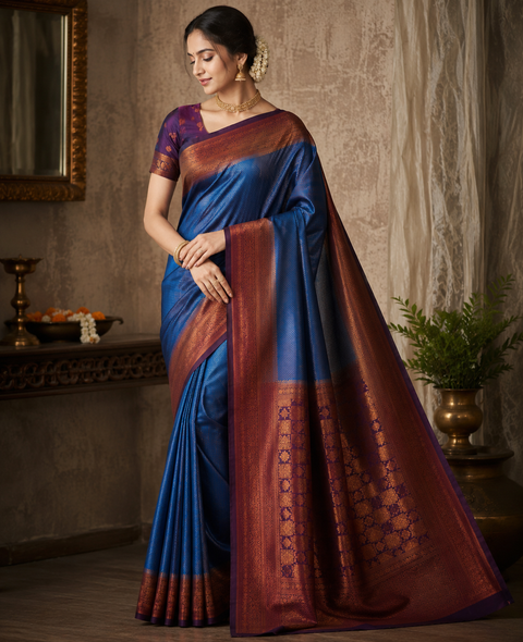 Premium South Silk Saree with rich zari weaving and contrast woven pallu. featuring elegant dual-tone shades.Model-worn blouse is for reference only. Unstitched blouse piece is attached with saree(slight variation in color & design is possible)