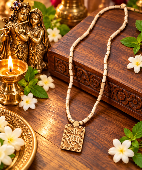 Beautiful Radha Krishna Tulsi Mala featuring natural-look wooden beads and a delicately engraved Radha Krishna pendant. Lightweight, elegant and perfect for daily wear, pooja, meditation and gifting. Slight variation in colour and design is possible.