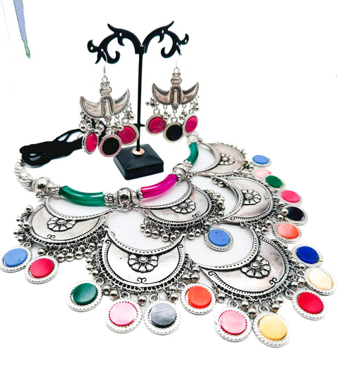Multicolored work Beautiful Oxidised Necklace with Earrings