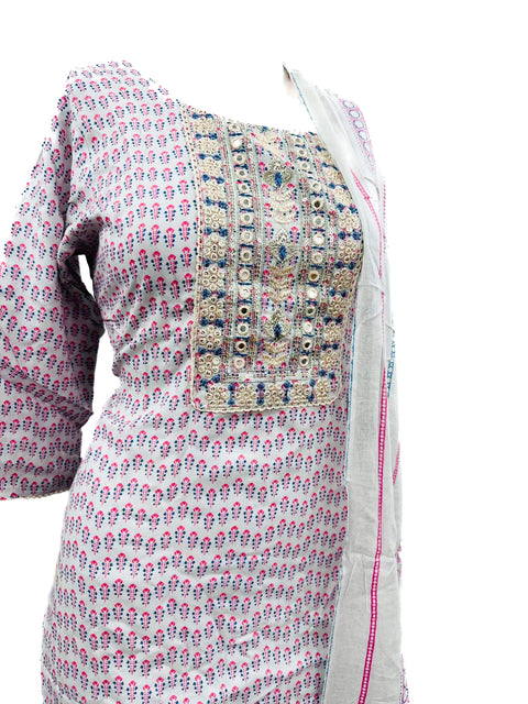 PURE & SOFT COTTON BASED DESIGNER EMBROIDERED & PRINTED WORK KURTI WITH PLAZO PANTS & DUPATTA