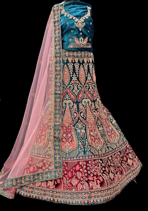 Peacock and Deer design Velvet based hand work with stones work embroidery work and original mirrors work design Heavy Ken ken Bridal designer lehnga with heavy handwork blouse and heavy work netting dupatta( video clip attached for reference )