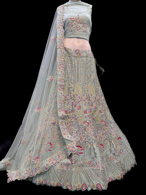 (Video clip attached ) Netting Based Beautiful Heavy Embroidered Peacock Design & Sequined With Stone Work Heavy Ken Ken Big Flare Stitched Lehnga & Blouse With Attached Tessels & Heavy Lace Border Beaded Work Dupatta