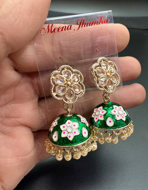 Small size Polki Stone With Pearls Work Beautiful Meenakari Jhumka