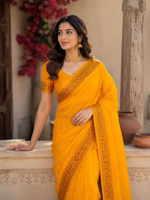 Pure Georgette based zari border work saree (blouse is for reference only, Comes With An Unstitched Running Blouse Piece Attached To The Saree (Slight Variation In Color And Design Is Possible)