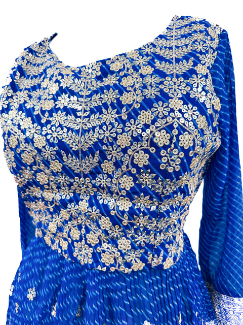 Georgette based embroidery work with Sequinned work design Bandhani print beautiful flared Kameez with georgette lehnga multiflared and georgette Dupatta
