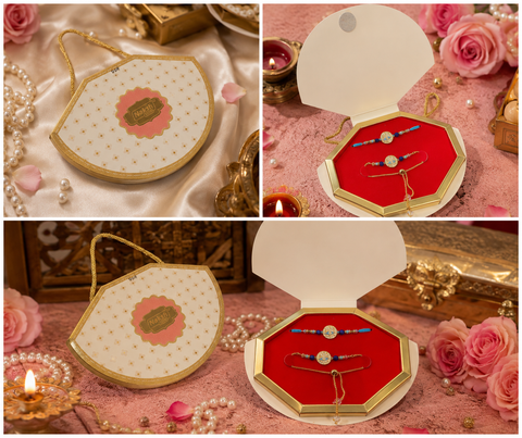 Beautiful Bhai-Bhabhi Rakhi Set featuring elegant stone work with delicate bead detailing and a stylish Bhabhi bracelet. Comes in a beautiful premium gift box, perfect for Raksha Bandhan.
