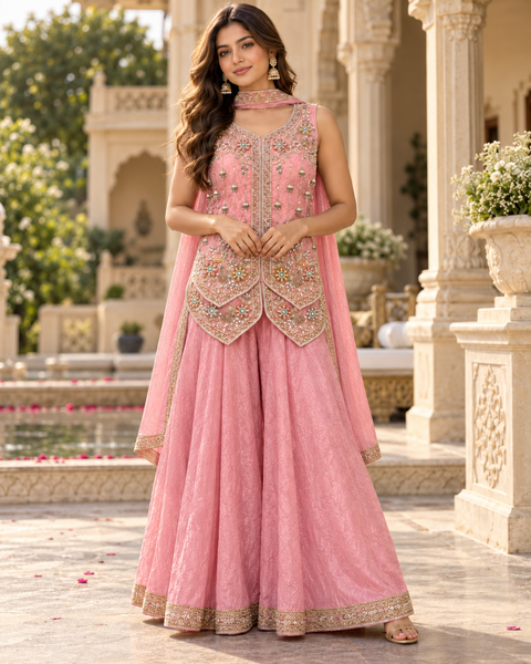 Beautiful short top with exquisite all-over handwork on luxurious crushed fancy silk fabric. Paired with loose, flowy palazzo pants and a matching dupatta. Slight variation in colour and design is possible