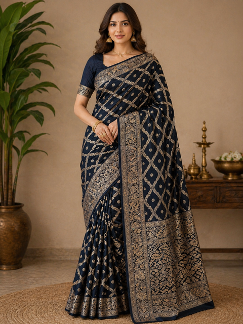 Pure chiffon based Beautiful zari work Banarasi look Saree (Blouse Shown Is For Reference Only.The Blouse Piece Is Included With Saree As Unstitched)