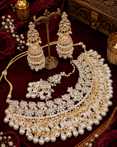 Kundan studded & pearls work designer heavy work Necklace set with beautiful Earrings & Tikka