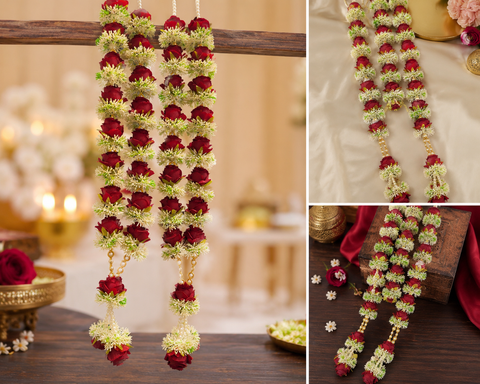 Beautifully crafted flowers and pearls Varmala / Jailmala , featuring elegant floral detailing and rich traditional accents. A perfect choice to add a vibrant and graceful touch to your special wedding ceremony.(comes in one pair)