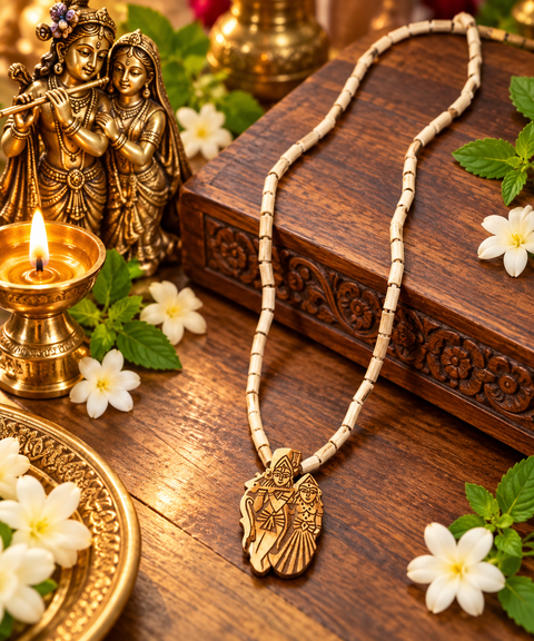Beautiful Radha Krishna Tulsi Mala featuring natural-look wooden beads and a delicately engraved Radha Krishna pendant. Lightweight, elegant and perfect for daily wear, pooja, meditation and gifting. Slight variation in colour and design is possible.