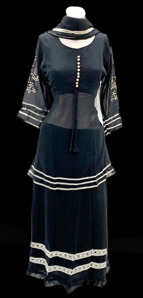 Size 40 Black colour georgette based short flared kurti with georgette skirt