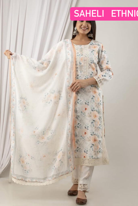 PURE & SOFT KHADI COTTON BASED DESIGNER EMBROIDERED & PRINTED WORK KURTI WITH PLAZO PANTS & DUPATTA