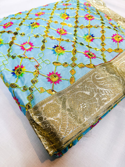 Silk Based heavy Embroidery Work with sequined design work Rumala Sahib Double Set With Palkan