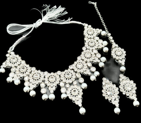 Jerkan stone with white pearls beautiful necklace with Earrings and Tikka set