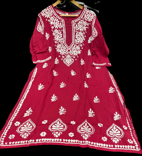 Maroon color Plus size Pure rayon based lakhnavi work beautiful kurti