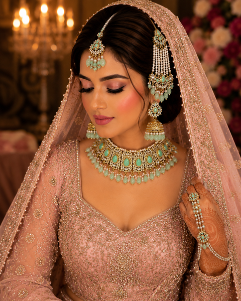 Seafoam green Stones With Jerkan Stones & Moti Work Beautiful Necklace Set With Pasa (slight variation in color and design is possible)