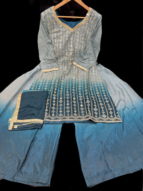 Ombré shades Georgette based sequined and embroidery work kameez with sharara pants and Georgette dupatta