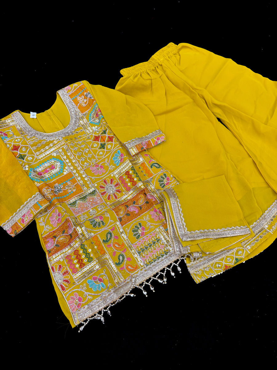 Mustard Yellow color Pure and soft georgette based multicoloured embro ...