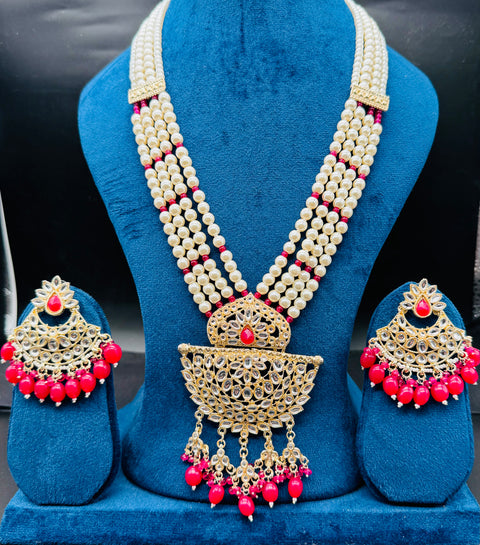 Pearls work with kundan stone beautiful Rani haar /long necklace set with beautiful Earrings