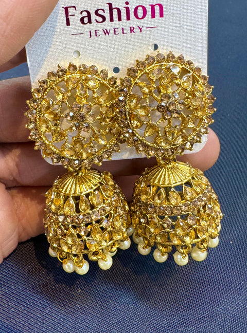 Dark Gold color Beautiful pearls with kundan work jhumka