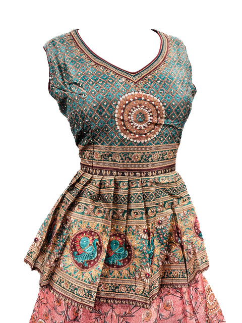 Silk based stone work design Bandhani print beautiful flared Kameez with lehnga multiflared and netting Dupatta