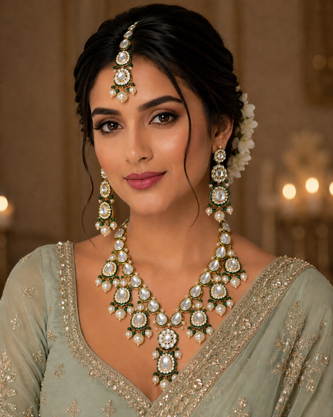 Kundan with jerkan stone designer long necklace with earrings
