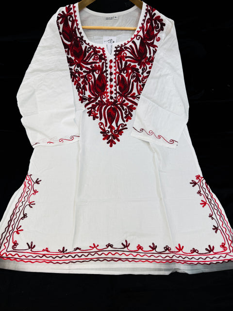 Embroidered Lucknow Chikankari White pure Cotton Short Kurti Top Tunic for Women