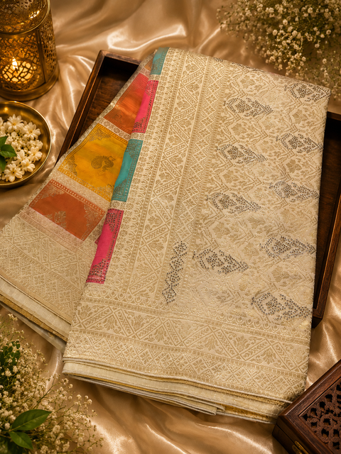 Elephant design Soft Banarasi Silk brocade saree with stone work and tessels attach on Pallu Model-Worn Blouse Is For Reference Only. Unstitched Blouse Piece Is Attached With Saree(Slight Variation In Color & Design Is Possible)