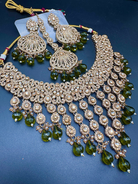 Original Polki stone with pearls beaded work beautiful necklace with jhumka and tikka set