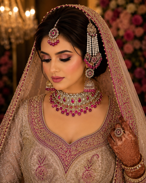 Mazenta Pink  Stones With Jerkan Stones & Moti Work Beautiful Necklace Set With Pasa (slight variation in color and design is possible)