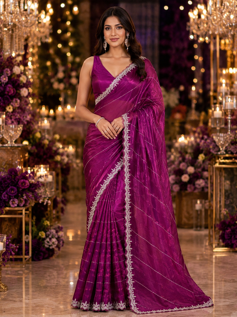 Elegant Jimmy Choo Saree featuring intricate handwork detailing and a beautifully embellished border. Comes with an attached matching blouse piece, blouse worn by the model is for reference purposes only(slight variation in color and design is possible)