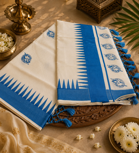 KERALA KASAVU COTTON SAREE WITH BEAUTIFUL PRINT (slight variation in color & design is possible)