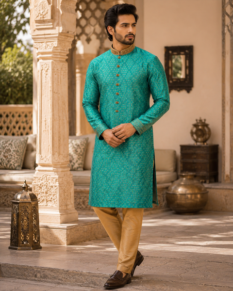 Soft Silk based Heavy brocade work with stone work buttons and neck design , designer Kurta with golden Pajama (slight variation in color and design is possible)