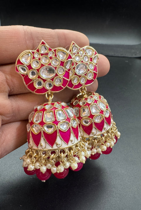 Bigger size Kundan Stone With Pearls Work Beautiful Meenakari Jhumka