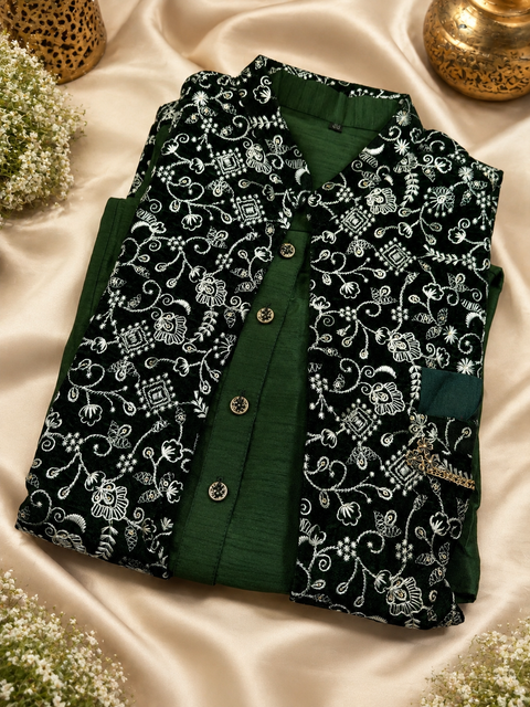 Embroidery work Velvet Jacket With Raw Silk Based Kurta & pants (slight variation in color & design is possible )