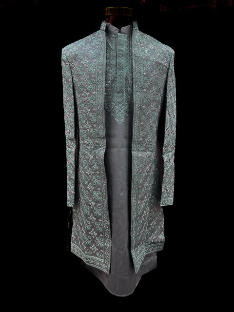 (Video clip attached)Smoke Gray Raw silk based heavy embroidery work with all over sequinned work Jacket style Mens classy Indo western with (half sleeves Kurta ) and Pants