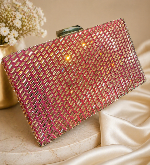 Stone work Handwork designer clutch bag with handle to carry with chain inside the clutch (can be attached or detached)