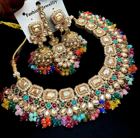 Polki stone with pearls beaded work beautiful necklace with jhumka and tikka set