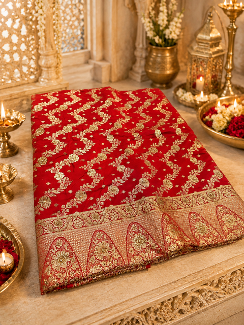 Luxurious Banarasi Silk Saree with rich zari weaving and elegant stone work on the pallu. Comes with an attached blouse piece. Model image is for reference only; slight variation in color and design may occur.