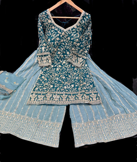 Georgette based sequined and embroidery work kameez with sharara pants and netting dupatta