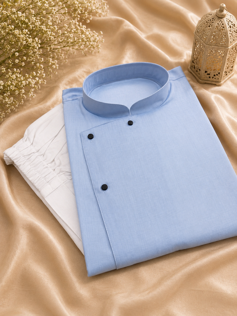 Lite blue colour cotton linen based side cut style kurta with pants  (slight variation in color & design is possible)