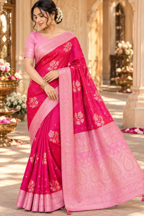 Dola Silk Saree with elegant all-over floral zari weaving and a rich contrasting woven border with detailed pallu. Soft, graceful drape with a luxurious festive look. Contrast blouse piece included.Slight variation in colour and design is possible.