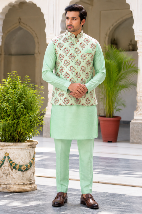 Bright Mint Kurta Set with Elegant Floral Nehru Jacket – A Fresh & Sophisticated Look for Weddings, Festive Celebrations & Special Occasions.
Please note: Slight variation in color and design may occur