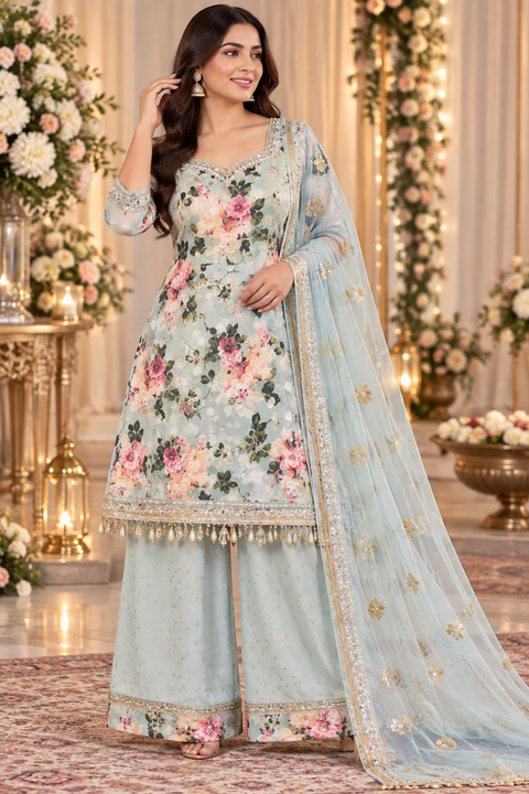 Lite Blue color Floral print tissue-silk style kameez with embroidery & sequin work, georgette plazo and sequined work net dupatta. Slight variation in colour/design possible.