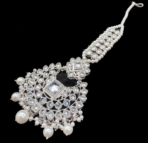 (video clip attached)Silver Original Kundan Polki stones & Pearls work Bridal necklace with beautiful Jhumka, tikka  NOTE:- original Polki stones not fake plastic stones)