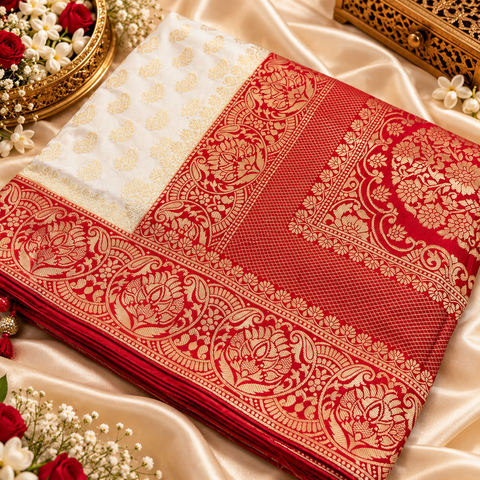 Dola Silk Saree with elegant all-over floral zari weaving and a rich contrasting woven border with detailed pallu. Soft, graceful drape with a luxurious festive look. Contrast blouse piece included.Slight variation in colour and design is possible.