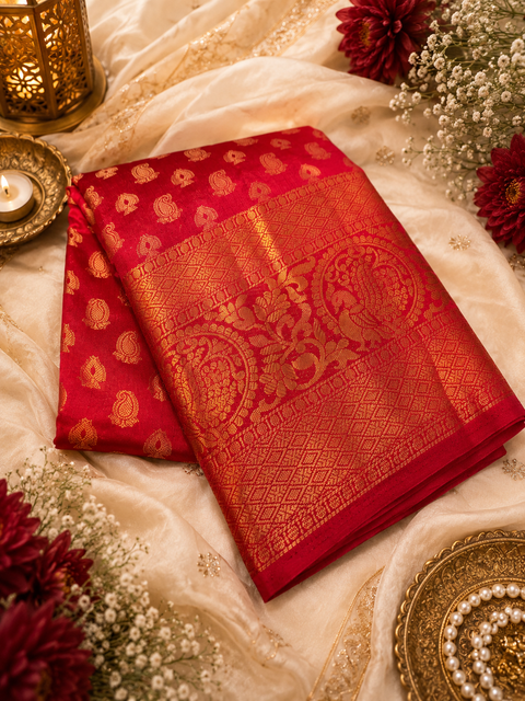 Premium soft Silk Saree with rich zari weaving and contrast woven pallu. featuring elegant dual-tone shades.Model-worn blouse is for reference only. Unstitched blouse piece is attached with saree(slight variation in color & design is possible)