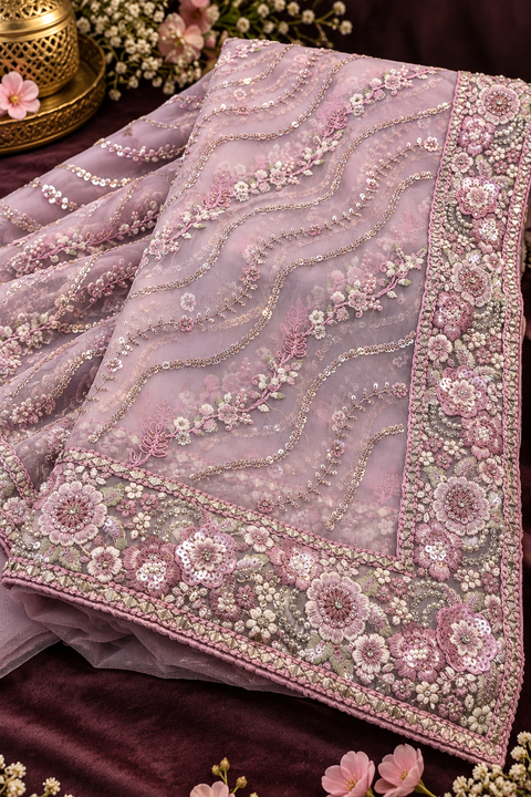 Heavy Embroidered Net Saree Beautiful net saree with all-over floral embroidery, sequin work & a rich heavy border.Blouse shown is for reference only; actual blouse piece is attached with the saree. Slight variation in colour/design possible.