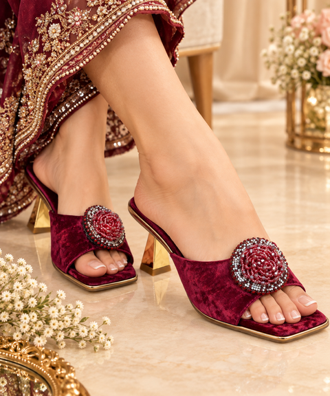 Rich velvet heels with a super soft finish and beautiful floral embellishment. Perfect for weddings, parties and festive wear.
